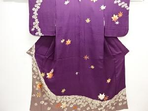 大正ロマン　錦紗菊に八手模様一つ紋着物(重ね衿付き)